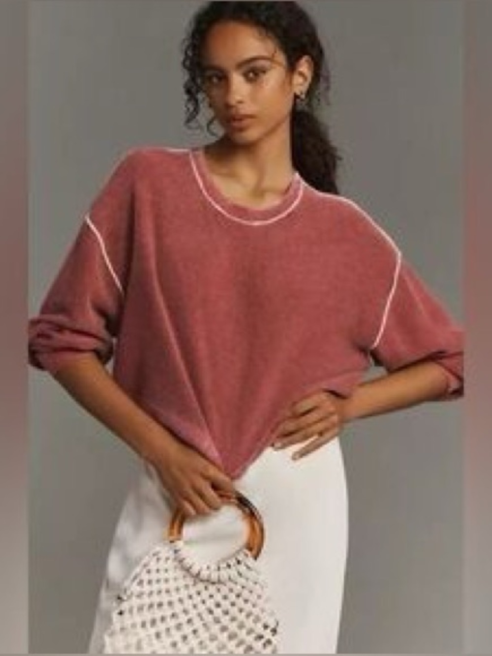 Pilcro 100% Cashmere Boxy Cut Sweater in Dusty Rose with White Piping - Small